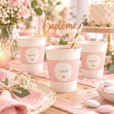 Lot de 8 gobelets carton Baptême Blanc rose et Or