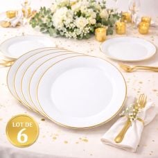 6 Assiettes Élégance - Réutilisables - Plastique Blanc et Or Ø26,5cm