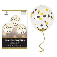 6 Ballons mariage à confettis OR et Noir Ø 45 cm