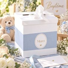 Urne Baptême Merci 21x25 cm Blanc et Bleu ciel
