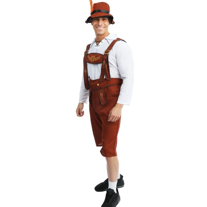 Déguisement Bavarois Homme Oktoberfest - Ensemble Bretelles + Chemise + Chapeau + Pantalon Traditionnel Avec Broderies