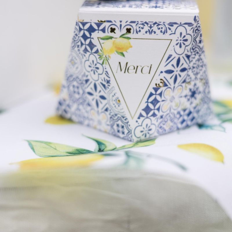 10 Boîtes à Dragées Cartonnées Blanches à Motifs Bleu Pailleté - Modèle N°75
