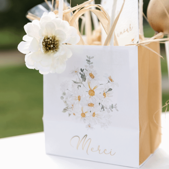 Sacs Cadeau Mariage Merci Collection Daisy Ocre, Blanc et Or