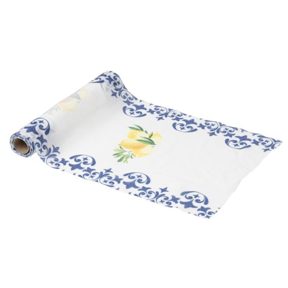 Nappe D'été En Polyester - Motif Citrons Et Feuilles Sur Fond Bleu, 33 X 183 Cm, Décoration De Table