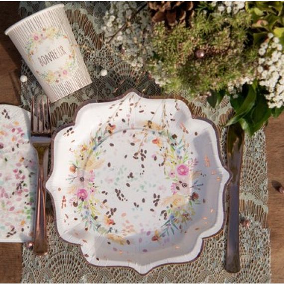 Assiette mariage en carton Fleuri, vaisselle jetable pas cher