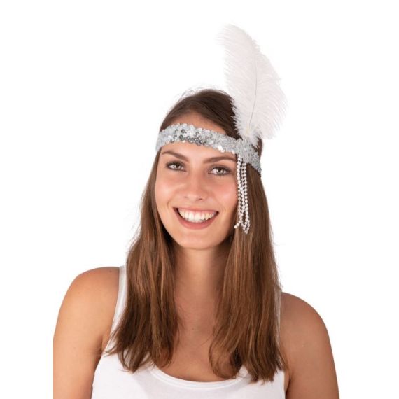 Bandeau Charleston a Sequins Grande Plume Argent - accessoire pour