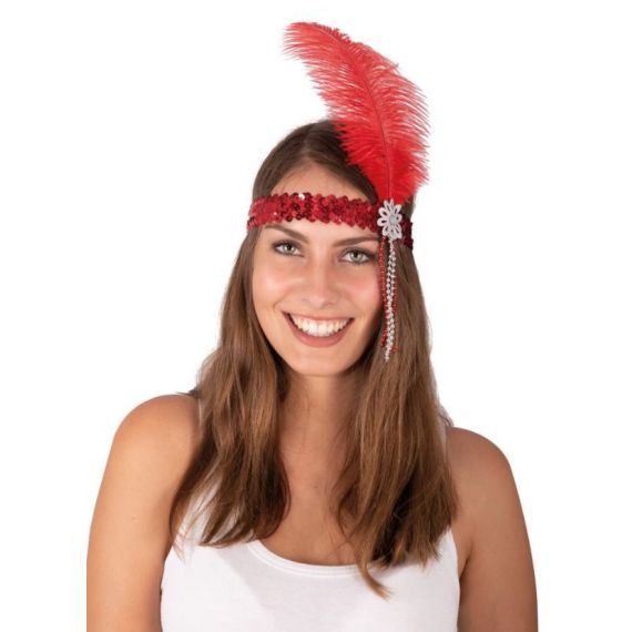 Bandeau Charleston a Sequins Grande Plume Rouge - accessoire pour  deguisement pas cher - Badaboum