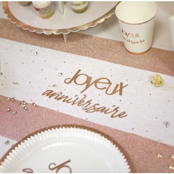 Sur chemin de table Joyeux Anniversaire Rose gold, decoration