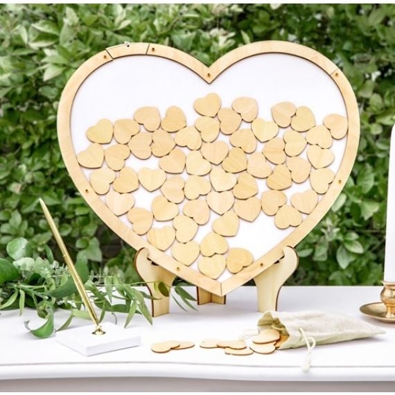 Puzzle Bois forme coeur naturel avec chevalet, decoration mariage