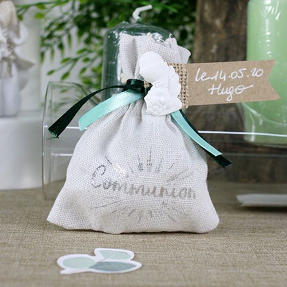 Sac a dragees coton Communion Argent, decoration mariage pas cher