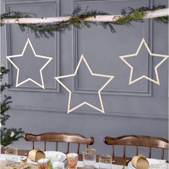 Suspension de 3 Grandes Etoiles en Bois a Suspendre, decoration mariage -  Badaboum