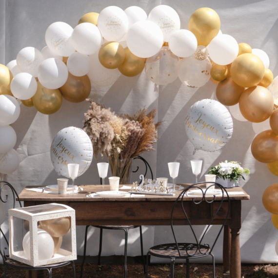 Arche de ballons Joyeux Anniversaire OR & Blanc - Decoration