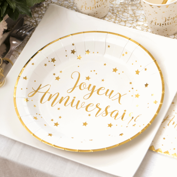 Assiettes jetable Joyeux anniversaire OR 23 cm - Vaisselle Jetable