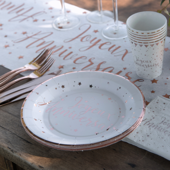 Assiette en carton Joyeux anniversaire Rose gold, vaisselle