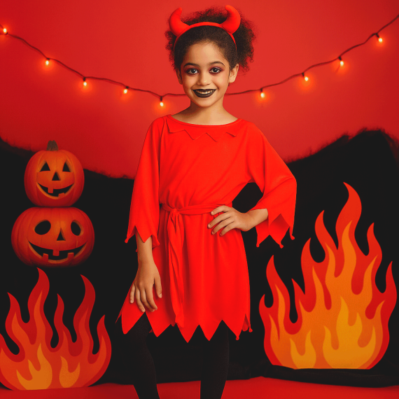 Déguisement Diable Enfant Rouge Avec Cape Capuche, Cornes Et Queue - Costume Halloween Garçon Fille