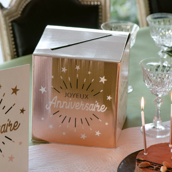 Boite Urne carré Joyeux Anniversaire Rose Gold - deco Anniversaire