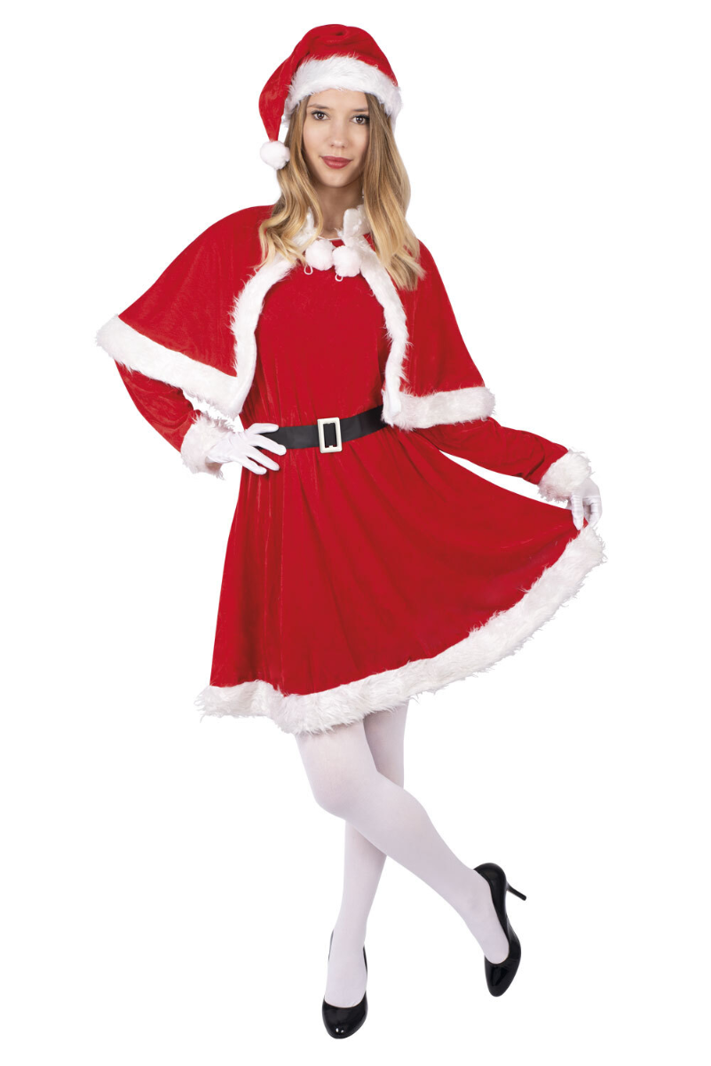 Déguisement Mère Noël Femme Avec Pompons - Robe + Chapeau + Ceinture